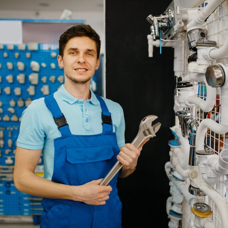 Plumber with pipe wrenches poses at the showcase, plumbering store choice. Man buying sanitary engineering tools and equipment in shop
