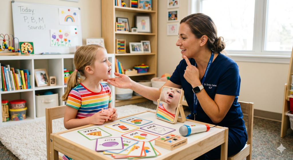 Dr. helping child in speaking