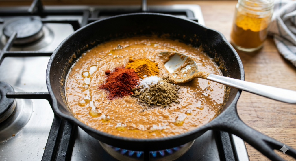 Mixing spices in gravy